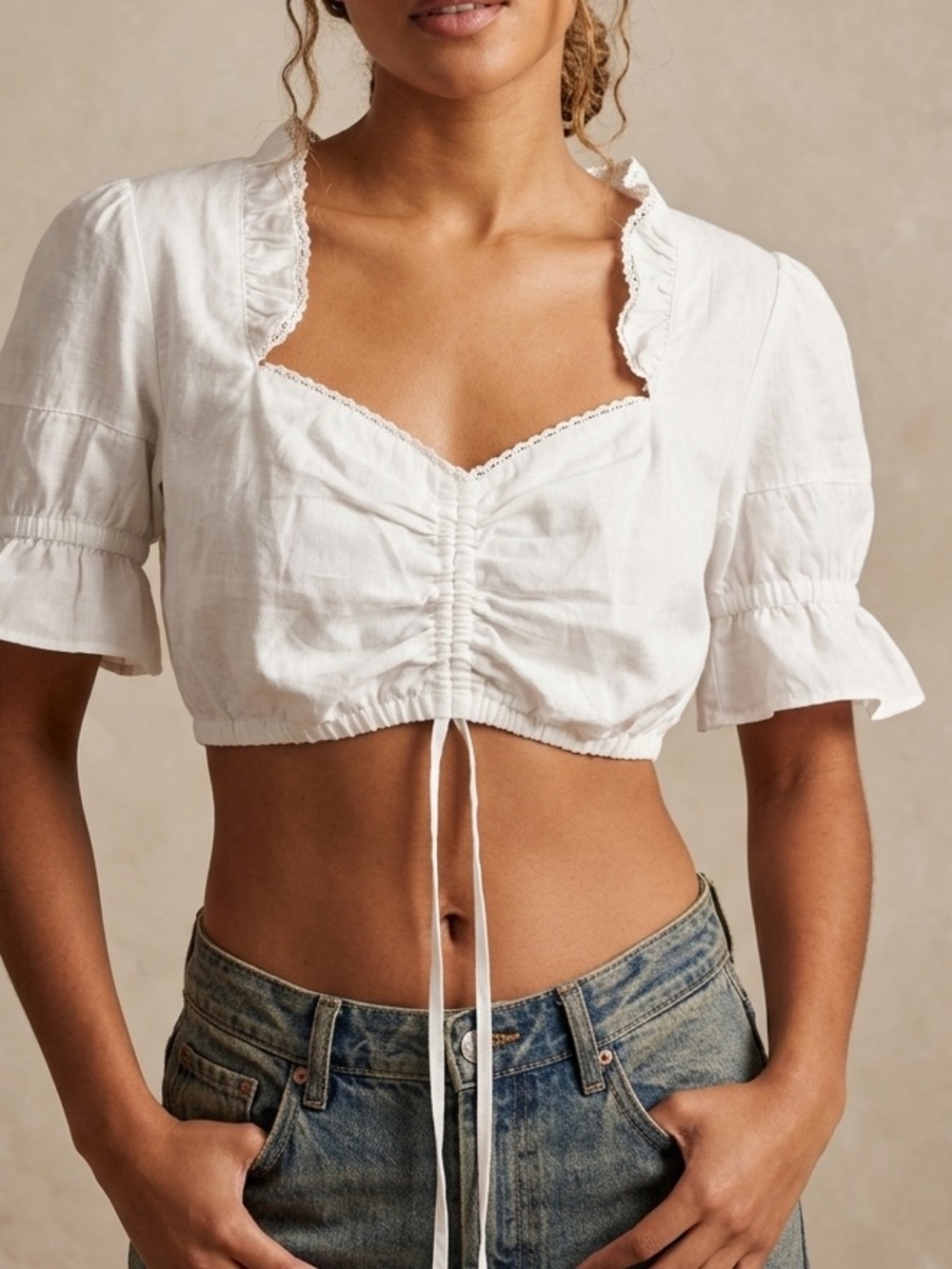 Vintage 90s Landhaus White Crop Peasant Blouse Cottagecore Ruched Dirndl Top L